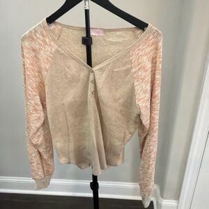 Pink Lily Peach Beige Raglan Button-Front Lightweight Sweatshirt